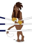  2018 4_toes absurd_res anthro boxing boxing_gloves brown_eyes brown_fur brown_hair brown_tail cat chest_tuft convenient_censorship crossed_legs deborah_bispo dipstick_tail eyebrows eyelashes feline female fur hair half-closed_eyes hi_res inner_ear_fluff long_hair looking_at_viewer mammal multicolored_tail nude pink_nose signature smile solo sport toes tuft wendel_fragoso white_tail 