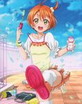  absurdres bubble camisole camisole_over_clothes casual collarbone day green_eyes hair_bobbles hair_ornament highres hoshizora_rin looking_at_viewer love_live! love_live!_school_idol_project open_mouth orange_hair orange_skirt outdoors short_hair skirt solo thighhighs white_legwear 