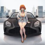  1girl absurdres alternate_costume alternate_hairstyle aston_martin aston_martin_vantage breasts car cleavage commission earrings feather_earrings feathers high_heels highres hololive hololive_english jewelry large_breasts looking_at_viewer miniskirt motor_vehicle orange_hair purple_eyes seventeencrows short_hair skirt smile solo takanashi_kiara virtual_youtuber 