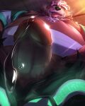 4:5 accessory anthro bear belly bodily_fluids brown_body brown_fur erection fur genital_fluids genitals goro_(live_a_hero) green_eyes hair headband hi_res highforce059 lifewonders live_a_hero low-angle_view male mammal moobs nipples overweight penis penis_poking_out penis_through_fly precum solo tongue white_hair