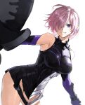  1girl absurdres armor armored_leotard bare_shoulders black_armor boobplate commentary_request fate/grand_order fate_(series) grin hair_over_one_eye highres holding holding_shield holding_weapon korean_commentary leotard looking_at_viewer mash_kyrielight one_eye_covered pink_hair potato_goril purple_eyes shield short_hair simple_background smile solo weapon white_background 