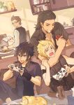  &gt;_o 4boys black-framed_eyewear black_hair black_shirt black_vest blonde_hair blue_eyes brown_hair can chips_(food) chocobo commentary_request controller corrupted_twitter_file couch facial_hair faucet final_fantasy final_fantasy_xv fingerless_gloves food game_controller gegeblue gladiolus_amicitia gloves highres holding holding_can holding_controller holding_game_controller ignis_scientia indoors kitchen male_focus multiple_boys noctis_lucis_caelum one_eye_closed open_mouth plate potato_chips prompto_argentum sabotender shirt short_sleeves single_glove sleeveless spiked_hair stubble stuffed_toy sweat table vest white_shirt 