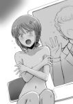  1girl anger_vein blush braid breasts cleavage collarbone covering covering_one_breast elpeo_puru gacha-m greyscale gundam gundam_zz looking_at_viewer monochrome navel nude open_mouth short_hair sitting small_breasts sweatdrop 