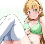  1girl blonde_hair blush bra breasts clenched_hand close-up commentary green_bra green_eyes green_panties hairband heanna_sumire highres large_breasts long_hair looking_at_viewer love_live! love_live!_sunshine!! navel panties sitting sweat thighhighs thighs underwear white_thighhighs yopparai_oni 