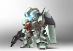  absurdres arm_shield assault_visor beam_rifle blue_visor char&#039;s_counterattack chibi clenched_hand energy_gun full_body gradient_background gun gundam highres holding holding_gun holding_weapon jegan making-of_available mecha mecha_focus mobile_suit no_humans radio_antenna robot science_fiction sd_gundam shadow shield solo standing thrusters weapon zakuma 