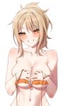  1girl bare_shoulders bikini blonde_hair blush breasts collarbone hands_on_own_breasts highres holding holding_swimsuit holding_unworn_clothes large_breasts long_hair looking_at_viewer love_live! love_live!_nijigasaki_high_school_idol_club miyashita_ai nasuno_(nasuno42) navel orange_bikini orange_eyes simple_background smile solo swimsuit unworn_bikini_top upper_body white_background 