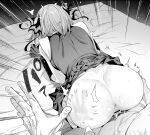  1boy 1girl all_fours anus ass bar_censor butterfly_hair_ornament censored chicke_iii commentary condom condom_on_penis doggystyle elbow_gloves gloves go-toubun_no_hanayome greyscale hair_ornament hetero highres monochrome nakano_nino on_bed penis sex shirt short_hair skirt sleeveless sleeveless_shirt spanking symbol-only_commentary 