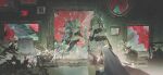  arcaea black_cape black_dress breasts broken_mirror bug butterfly candle cape dress flower flower_over_eye green_eyes green_hair hair_flower hair_ornament highres looking_at_viewer mirror picture_frame sample_watermark saya_(arcaea) schwarzald typewriter watermark white_dress 
