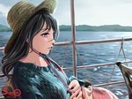 artist_name bag black_hair boat chair commentary dated day hat highres hill lips long_hair open_mouth original profile purple_eyes railing rope shamakho sitting sky solo straw_hat upper_body water watercraft wind 