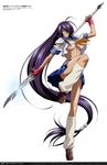  absurdly_long_hair absurdres blue_skirt breasts cleavage full_body gotou_junji hair_ornament hair_over_one_eye highres holding holding_weapon ikkitousen kan'u_unchou large_breasts long_hair low-tied_long_hair pleated_skirt polearm purple_hair shirt simple_background skirt solo tied_hair torn_clothes torn_shirt underboob very_long_hair weapon white_background white_legwear white_shirt 