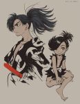  2boys akaneko_(redakanekocat) barefoot beige_background black_hair brown_eyes closed_mouth dororo_(character) dororo_(tezuka) hair_over_one_eye highres hyakkimaru_(dororo) japanese_clothes looking_at_viewer male_focus multiple_boys ponytail serious sheath sheathed simple_background smile sotting sword topknot weapon 