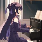  1girl album_cover anda_(tuyu) belt black_belt black_choker black_hair black_ribbon black_skirt black_sleeves blunt_bangs blunt_ends blush choker closed_mouth colored_inner_hair commentary_request cover cowboy_shot detached_sleeves frills from_side grand_piano hair_ribbon highres hime_cut hutaba_haru indoors instrument jirai_kei long_hair long_sleeves looking_ahead looking_at_object miniskirt multicolored_hair music official_art piano playing_instrument playing_piano pleated_skirt profile purple_eyes purple_hair ribbon sheet_music sitting skirt skirt_set sleeveless solo sunlight tuyu_(band) two-tone_hair two_side_up under_kids v-shaped_eyebrows 