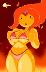  1girl adventure_time bare_shoulders bikini black_eyes breasts colored_skin commentary cowboy_shot english_commentary fiery_hair flame_princess gem highres navel orange_background orange_hair orange_skin parted_lips qtip_xd red_bikini red_gemstone solo swimsuit 