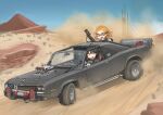  2girls absurdres ahoge black_hair blue_eyes car chibi desert dodge_(company) dodge_charger driving dust goggles grenade_launcher highres jerry_can looking_at_viewer m79 mad_max motor_vehicle multiple_girls muscle_car orange_hair original post-apocalypse sand_dune smile srtdrawart tactical_clothes vehicle_focus weapon yellow_eyes 