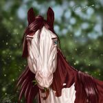 1:1 2020 ambiguous_gender blue_eyes blurred_background brown_body brown_mane dated eating empty_eye_socket female_(lore) feral glistening glistening_eyes grass looking_at_viewer mane mouth_closed plant scarla_(scarlanya) scarlanya signature solo white_body