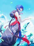  1girl absurdres aqua_nails bare_arms bare_shoulders blue_eyes blue_hair blue_sky boots bright_pupils choker circle_print coat commentary_request diamond_choker diamond_earrings earrings falling_leaves from_side hand_on_own_chest highres hood hood_down hooded_coat jewelry kamitsubaki_studio leaf looking_at_viewer multicolored_coat multicolored_hair nail_polish official_art open_hand open_mouth plant red_hair rim_(kamitsubaki_studio) ritao_kamo sky sleeveless sleeveless_coat solo teeth two-sided_coat two-sided_fabric two-tone_hair upper_teeth_only very_long_coat virtual_youtuber 