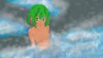  2024 absurdres blue_eyes bluesky_logo bluesky_username casual_nudity completely_nude goldn green_eyes green_hair heterochromia highres looking_at_viewer nonsexual_nudity nude onsen original pink_hair sitting_in_water steam water watermark watermelon_hair 