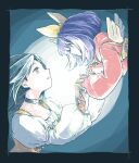  2girls black_border black_choker black_hair blue_hair bodysuit border bow breasts brown_eyes choker cleavage eiko_carol final_fantasy final_fantasy_ix garnet_til_alexandros_xvii green_eyes hair_bow holding_hands horns interlocked_fingers juliet_sleeves long_hair long_sleeves medium_breasts medium_hair michibata_65 mini_wings multiple_girls orange_bodysuit overalls parted_bangs parted_lips puffy_long_sleeves puffy_sleeves red_sweater shirt single_horn sweater upper_body white_shirt wings yellow_bow yellow_overalls 