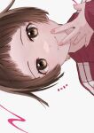  1girl absurdres arched_bangs artist_name brown_eyes brown_hair closed_mouth finger_to_cheek finger_to_mouth hand_up highres izu_lemon light_smile looking_at_viewer monogatari_(series) nademonogatari pink_nails portrait sengoku_nadeko short_hair simple_background solo straight_hair very_short_hair white_background 