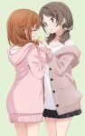  2girls :d :o abe_kanari black_skirt brown_hair brown_jacket buttons china_moeka closed_eyes collarbone cowboy_shot dress facing_another green_background hair_ornament hair_over_shoulder hair_scrunchie hairclip hands_up high_school_fleet highres holding holding_hair_ornament holding_own_hair hood hood_down hooded_sweater jacket long_hair long_shirt long_sleeves looking_at_another low_twintails medium_hair miniskirt misaki_akeno multiple_girls off_shoulder open_clothes open_jacket open_mouth parted_bangs pink_sweater pleated_skirt purple_eyes scrunchie shirt simple_background skirt smile standing straight_hair sweater sweater_dress twintails white_shirt 