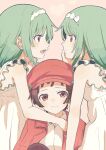  3girls :3 absurdres arched_bangs bow bow_headband brown_eyes brown_hair cabbie_hat camisole choppy_bangs closed_mouth collared_shirt girl_sandwich green_hair hat headband highres izu_lemon jacket jacket_on_shoulders looking_at_another looking_at_viewer monogatari_(series) multiple_girls nademonogatari open_mouth orange_eyes orange_hat orange_jacket sandwiched sengoku_nadeko shirt short_hair sitting smile standing straight_hair upper_body very_short_hair white_bow white_camisole white_headband white_shirt 