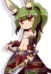  &gt;:( 1girl animal_ear_fluff animal_ears bandeau bangs bare_shoulders black_sleeves blush breasts brown_eyes bunny_ears closed_mouth collarbone commentary_request detached_sleeves drop_shadow eyebrows_visible_through_hair green_hair green_pants hand_on_hilt head_tilt high_ponytail holding holding_sword holding_weapon long_hair long_sleeves masurao_(sekaiju) naga_u navel pants ponytail puffy_pants sekaiju_no_meikyuu sekaiju_no_meikyuu_5 sidelocks sleeves_past_wrists small_breasts solo sword v-shaped_eyebrows weapon white_background white_bandeau 