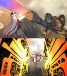  1girl absurdres animal_ears armored_leotard ass bare_shoulders bmpc_unta_kilat body_armor english_commentary fake_animal_ears feet_out_of_frame from_behind gauntlets girls&#039;_frontline_2:_exilium grey_hair hair_between_eyes highres holding holding_sword holding_weapon krolik_(girls&#039;_frontline_2) leotard long_hair mecha mechanical_ears metal_gear_(series) metal_gear_rising:_revengeance open_mouth parody playboy_bunny rabbit_ears robot scene_reference slashing solo sparks sword tactical_playboy_bunny weapon 