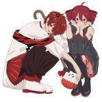  1boy 1girl ahoge black_sleeves black_thighhighs blush boots cane collared_shirt comachi_sugita commentary detached_sleeves drill_hair eyelashes fukase hair_between_eyes hair_over_one_eye hands_on_own_face hat highres holding holding_hat holding_unworn_clothes kasane_teto long_hair looking_at_viewer pants red_eyes red_hair red_tattoo red_trim shirt short_hair simple_background skirt sleeveless smile squatting thigh_boots thighhighs twin_drills twintails utau vocaloid white_background 