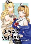  2girls blonde_hair blue_capelet blue_eyes blue_overskirt capelet commentary_request cowboy_shot crown dress flower half_up_braid jewelry kantai_collection long_hair low-tied_long_hair mini_crown multiple_girls necklace off-shoulder_dress off_shoulder red_flower red_rose rose sleeveless sleeveless_dress valiant_(kancolle) warspite_(kancolle) yamada_rei_(rou) 
