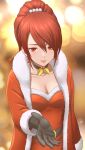  1girl black_choker black_gloves blurry blurry_background breasts choker christmas city_lights cleavage closed_mouth coat collarbone commentary_request dress earrings fur-trimmed_coat fur-trimmed_dress fur_trim gloves hair_between_eyes high_ponytail highres jewelry kirijou_mitsuru long_hair long_sleeves looking_at_viewer masatoshi_1219 medium_breasts official_alternate_costume open_clothes open_coat open_hand persona persona_3 persona_3:_dancing_moon_night persona_dancing pink_lips pov red_coat red_dress red_eyes red_hair santa_dress solo twitter_username upper_body 