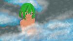  2024 absurdres blue_eyes bluesky_logo bluesky_username casual_nudity completely_nude convenient_censoring goldn green_eyes green_hair heterochromia highres looking_at_viewer nonsexual_nudity nude onsen original pink_hair sitting_in_water steam steam_censor water watermark watermelon_hair 