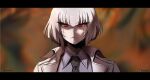  1girl black_necktie coat crying crying_with_eyes_open grey_shirt harashu_(harashu96) highres kotobukiya_bishoujo megatron megatron_(kotobukiya_bishoujo) megatron_(transformers_one) necktie red_eyes shirt tears transformers transformers_one white_coat white_eyes 