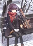  1girl bangs bench black_jacket black_legwear breasts breath brown_footwear bullpup character_doll closed_mouth commentary curled_fingers ear eyebrows_visible_through_hair feet_out_of_frame fringe_trim girls_frontline gloves gun hair_ornament hair_ribbon hands_on_own_thighs highres jacket kalina_(girls_frontline) light_blush light_brown_skirt long_hair looking_at_viewer medium_breasts necktie nieun3568 one_side_up open_bag outdoors pantyhose pavement plaid plaid_skirt pleated_skirt pocket purple_hair red_eyes red_neckwear red_ribbon red_scarf ribbon rifle scarf scope shadow shirt sitting skirt sniper_rifle snow snowflake_hair_ornament snowflake_print solo stuffed_animal stuffed_reindeer stuffed_toy tree tsurime twig v-shaped_eyebrows wa2000_(girls_frontline) walther walther_wa_2000 wavy_mouth weapon white_gloves white_shirt winter winter_clothes wooden_bench 