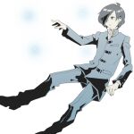  1boy black_eyes black_hair blue_gakuran blue_pants floating gakuran hair_over_one_eye highres kasugayama_high_school_uniform kurosu_jun male_focus miyabimakoto pants persona persona_2 reaching school_uniform short_hair simple_background solo tearing_up white_background 