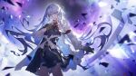  1girl abstract_background arcaea black_gloves blue_eyes broken_glass earrings glass gloves grey_hair highres insight_(arcaea) jacket jewelry light_smile necktie red_necktie schwarzald solo sparkle thighhighs 