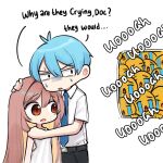  1boy 1girl 6+others aged_down blue_hair brown_hair confused crying_emoji emoji english_text goddess_of_victory:_nikke hug long_hair meme multiple_others nijigen_blueshy rapi_(nikke) short_hair sweatdrop uohhhhhhhhh!_(meme) window worried 