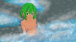  2024 absurdres blue_eyes bluesky_logo bluesky_username casual_nudity completely_nude exposed_breasts goldn green_eyes green_hair heterochromia highres looking_at_viewer nonsexual_nudity nude onsen original pink_hair sitting_in_water steam water watermark watermelon_hair 