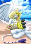  1girl armor beach blush bottomless breasts cat digimon egyptian furry gloves headpiece jewelry mask monster monster_girl nefertimon sand shoulder_pads sphinx tail wings 