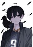  1boy absurdres ahoge animal_on_shoulder bird bird_on_shoulder black_bird black_feathers black_hair black_jacket blue_eyes closed_mouth commentary crow falling_feathers feathers haikyuu!! hair_between_eyes highres jacket kageyama_tobio karasuno_volleyball_uniform looking_to_the_side male_focus name_dm11 open_clothes open_jacket shirt short_hair simple_background solo sportswear upper_body volleyball_uniform white_background 