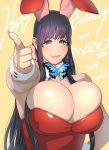 1girl 2019 animal_ears bare_shoulders black_hair blue_eyes bow bowtie breasts bunny_ears butterfly_bowtie cleavage commentary_request cuffs fingernails hand_on_hip happy_birthday highres huge_breasts kotoyoshi_yumisuke light_smile lipstick long_fingernails long_hair makeup original pointing pointing_at_viewer purple_hair shiny shiny_skin simple_background solo very_long_hair yellow_background 