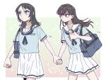  2girls bag bang_dream! bang_dream!_it&#039;s_mygo!!!!! black_hair blue_bag blue_eyes blue_neckerchief blue_shirt brown_hair chinese_commentary commentary_request criangle_k. floating_hair hanasakigawa_school_uniform holding_carton holding_hands long_hair medium_hair mole mole_under_eye multiple_girls neckerchief outline pleated_skirt purple_eyes sailor_collar school_uniform serafuku shiina_taki shirt short_sleeves shoulder_bag skirt white_outline white_sailor_collar white_skirt yahata_umiri yuri 
