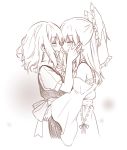  2girls :d alternate_color alternate_costume apron bangs bare_shoulders bow braid detached_sleeves eyes_closed greyscale grin hair_bow hair_tubes hakurei_reimu hand_on_another&#039;s_cheek hand_on_another&#039;s_face hand_on_another&#039;s_hip highres hug imminent_kiss kirisame_marisa kizitora_hato long_hair medium_hair monochrome multiple_girls no_hat no_headwear noses_touching open_mouth puffy_short_sleeves puffy_sleeves sarashi sash short_sleeves side_braid single_braid skirt skirt_set smile touhou vest yuri 