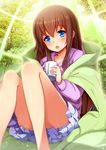 blue_eyes brown_hair collarbone cup eyebrows_visible_through_hair frilled_skirt frills highres holding holding_cup long_hair nerv110 original shiny shiny_skin sitting skirt solo 