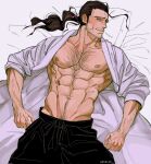  1boy abs arm_hair artist_name bara bare_pectorals beard_stubble bleach chest_hair commentary english_commentary facial_hair highres kyouraku_shunsui long_hair lying male_focus muscular muscular_male navel navel_hair nipples on_back open_clothes parted_lips pectorals pillow ponytail solo stubble wesaier 