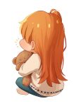  1girl absurdres cabbage_(chlehd2239) chibi commentary emphasis_lines from_behind green_pants highres hugging_doll hugging_object idolmaster idolmaster_million_live! idolmaster_million_live!_theater_days long_hair ogami_tamaki one_side_up orange_hair pants photo-referenced simple_background sitting socks solo stuffed_animal stuffed_toy sweater teddy_bear white_background white_socks white_sweater 