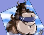 2022 5_fingers absurd_res anthro antlers belly belly_overhang big_belly big_breasts big_butt blue_border blush bodily_fluids border breasts brown_body brown_fur brown_hair butt cervine cleavage clothed clothing deep_navel deer detailed_navel digital_media_(artwork) female fingers fur glistening glistening_belly glistening_body glistening_breasts glistening_hair glistening_thighs gris_swimsuit hair hi_res horn huge_belly huge_breasts huge_butt huge_hips kinguu looking_down mammal markings meme meme_clothing mole_(marking) multicolored_body multicolored_fur musk navel navel_piercing neck_tuft obese obese_anthro obese_female one-piece_swimsuit open_mouth overweight overweight_anthro overweight_female piercing purple_eyes ritsu_(kinguu) signature solo standing sweat swimwear tan_body tan_fur thick_thighs translucent translucent_clothing translucent_swimwear tuft two_tone_body two_tone_fur wide_hips