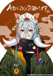  1girl 2019 black_scarf black_sweater blue_hair brown_background commentary_request eyelashes green_jacket happy_new_year highres jacket looking_at_viewer mask mask_on_head multicolored_hair new_year open_clothes open_jacket original pig_mask sanpaku scarf sidelocks solo star streaked_hair surgical_mask sweater tassel two-tone_background uooper upper_body watermark white_background yellow_eyes zipper 