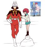  2boys 2girls amate_yuzuriha aqua_skirt blonde_hair blue_eyes char_aznable gloves gundam gundam_gquuuuuux haman_karn haro helmet highres jacket long_sleeves mask mecha military military_uniform mobile_suit_gundam multiple_boys multiple_girls robot school_uniform short_hair simple_background skirt smile suit zeon zeon132 zeta_gundam 