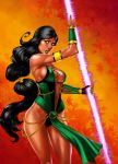  1girl biceps chains dark_skin energy glowing green_eyes jade_(mortal_kombat) kachakacha mortal_kombat muscle revealing_clothes staff toned weapon 