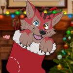 anthro canid canine christmas christmas_clothing christmas_decorations christmas_lights christmas_ornament christmas_stocking christmas_tree clothing fox happy hi_res holidays legwear male mammal naoto plant solo stockings tree